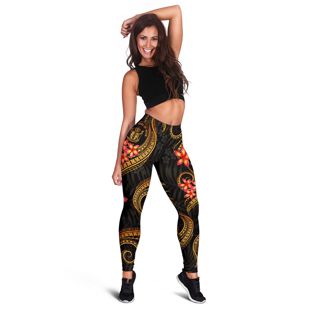 Niue Polynesian Women Legging - Gold Plumeria Black - Polynesian Pride