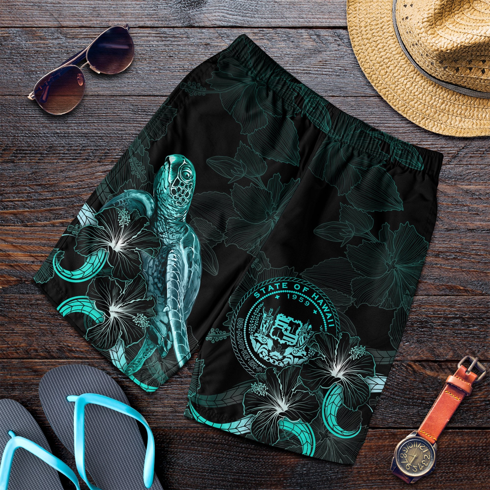 Hawaii Polynesian Men's Shorts - Turtle With Blooming Hibiscus Turquoise Turquoise - Polynesian Pride