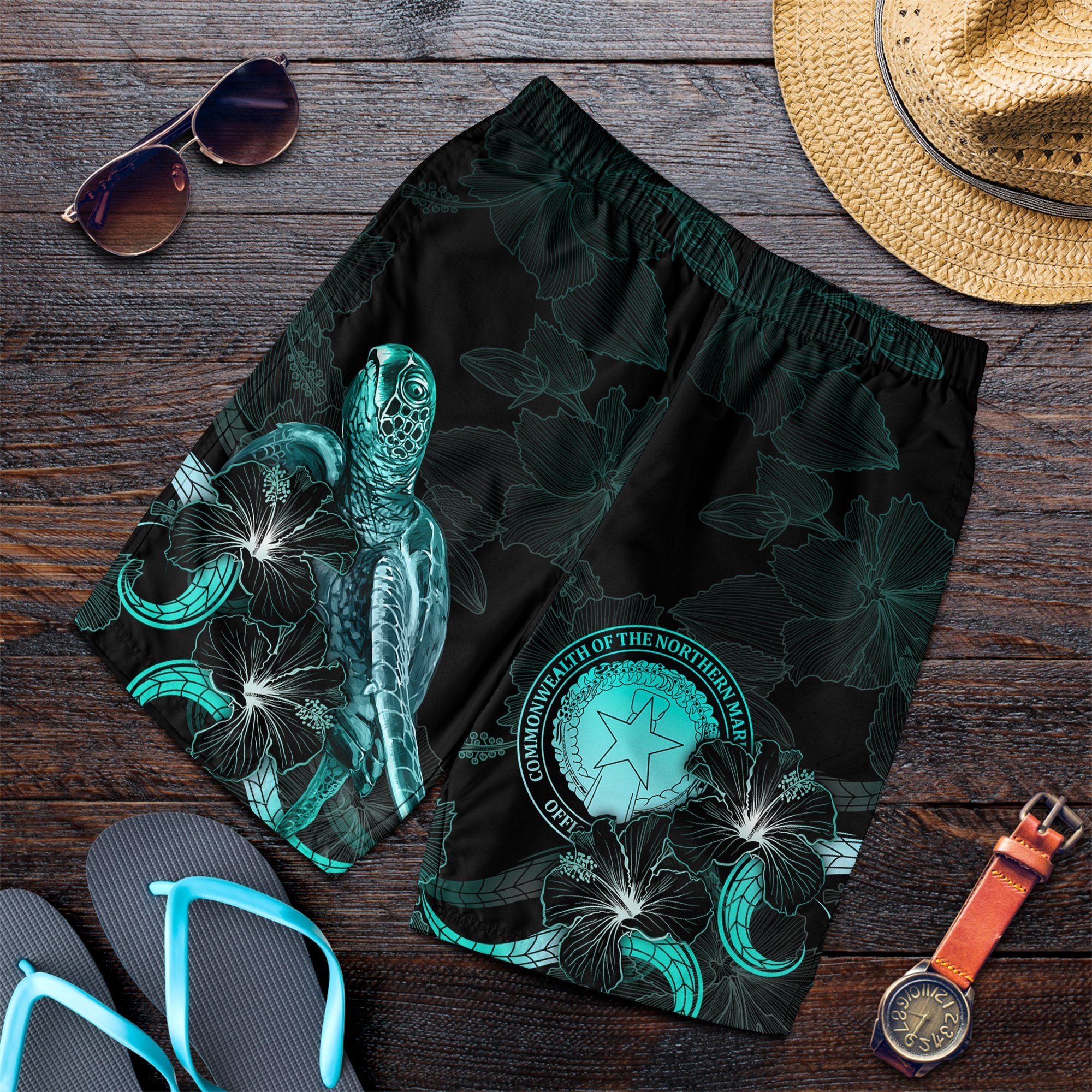 CNMI Polynesian Men's Shorts - Turtle With Blooming Hibiscus Turquoise Turquoise - Polynesian Pride