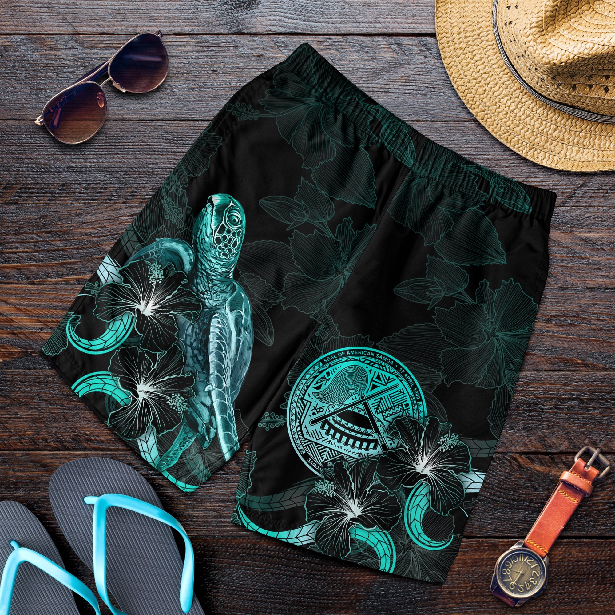 American Samoa Polynesian Men's Shorts - Turtle With Blooming Hibiscus Turquoise Turquoise - Polynesian Pride