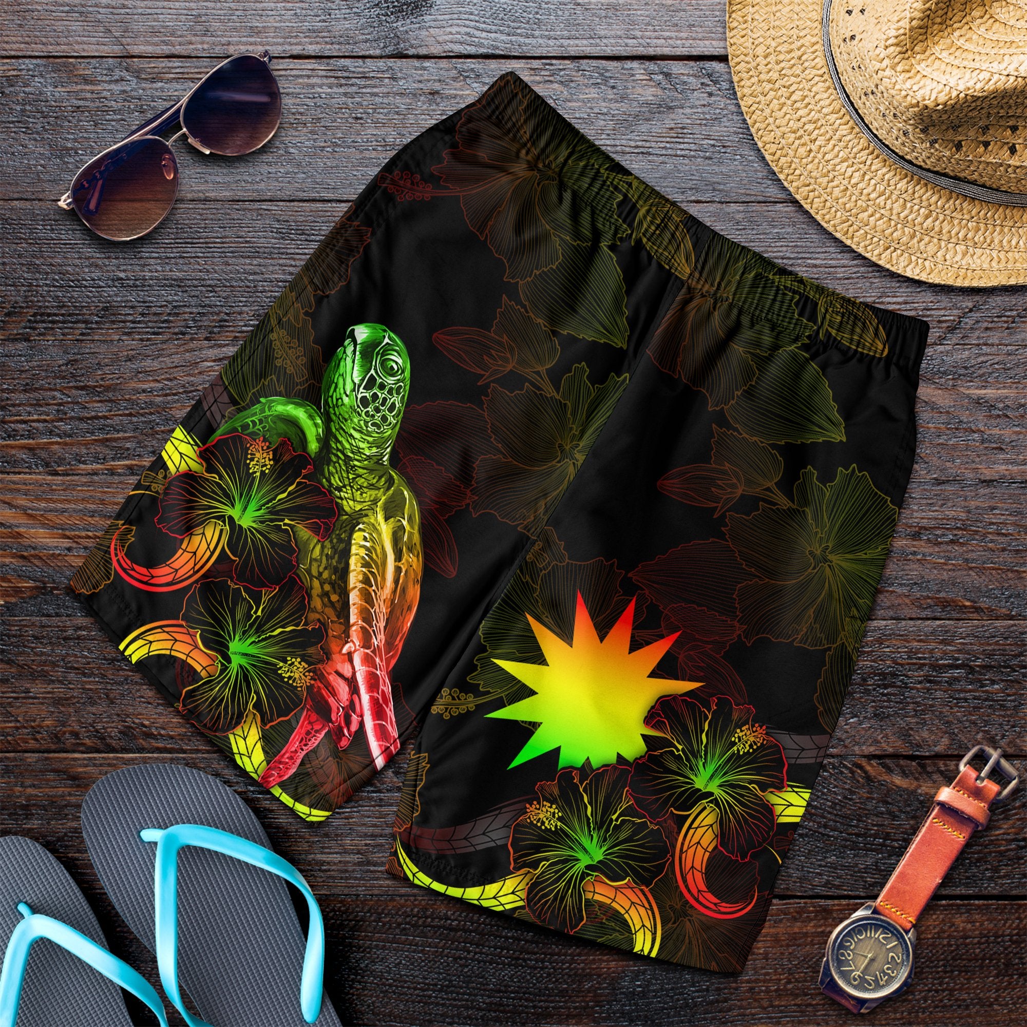 Nauru Polynesian Men's Shorts - Turtle With Blooming Hibiscus Reggae Reggae - Polynesian Pride