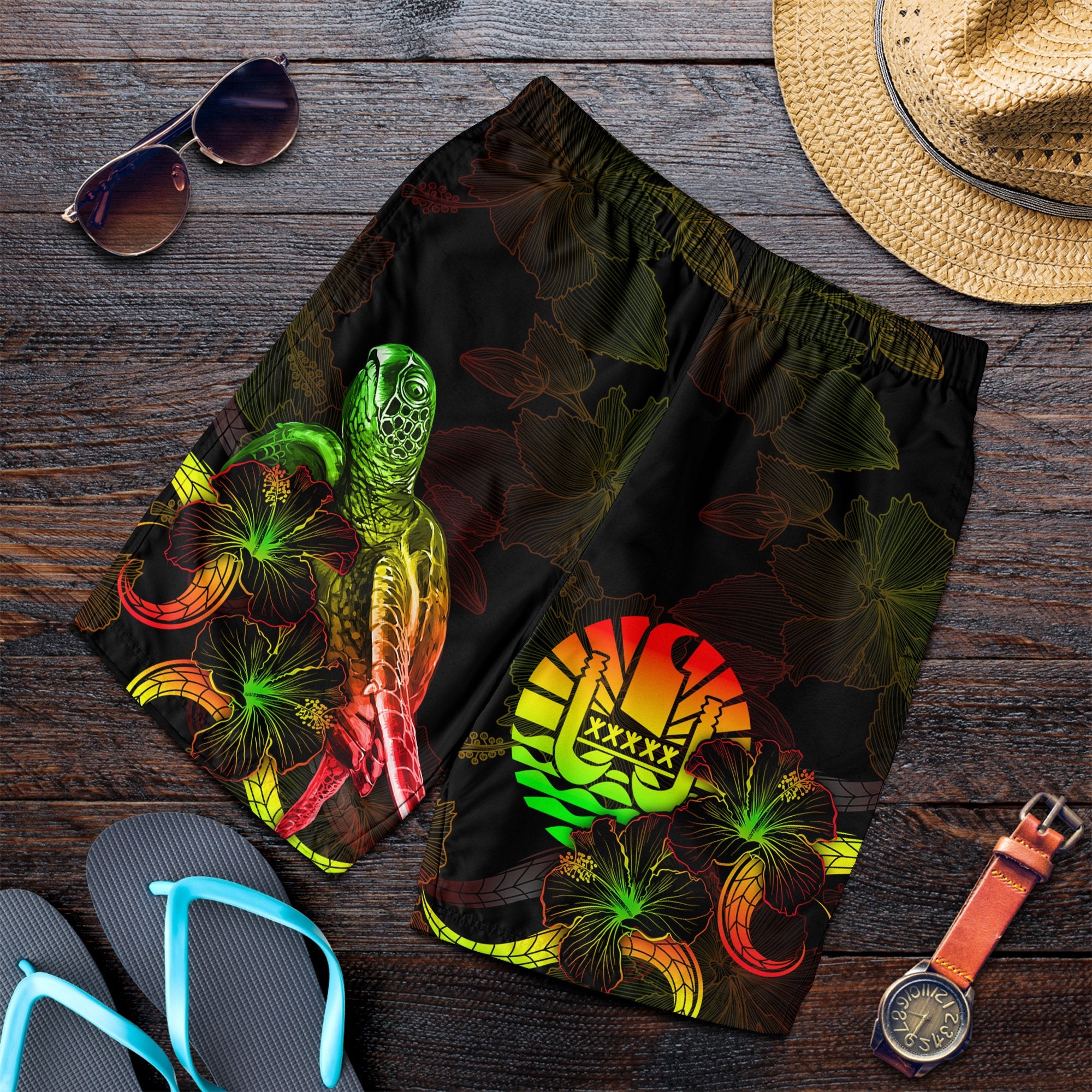 Tahiti Polynesian Men's Shorts - Turtle With Blooming Hibiscus Reggae Reggae - Polynesian Pride