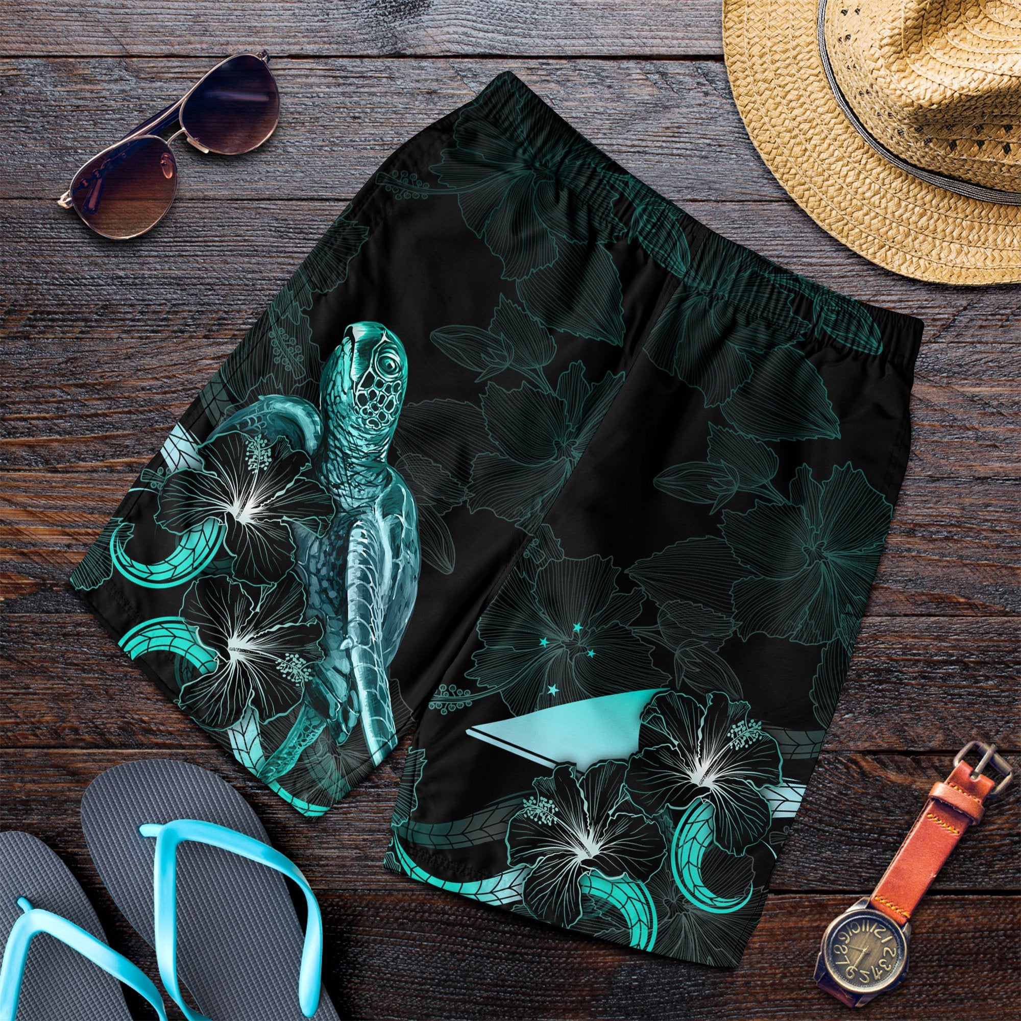 Tokelau Polynesian Men's Shorts - Turtle With Blooming Hibiscus Turquoise Turquoise - Polynesian Pride