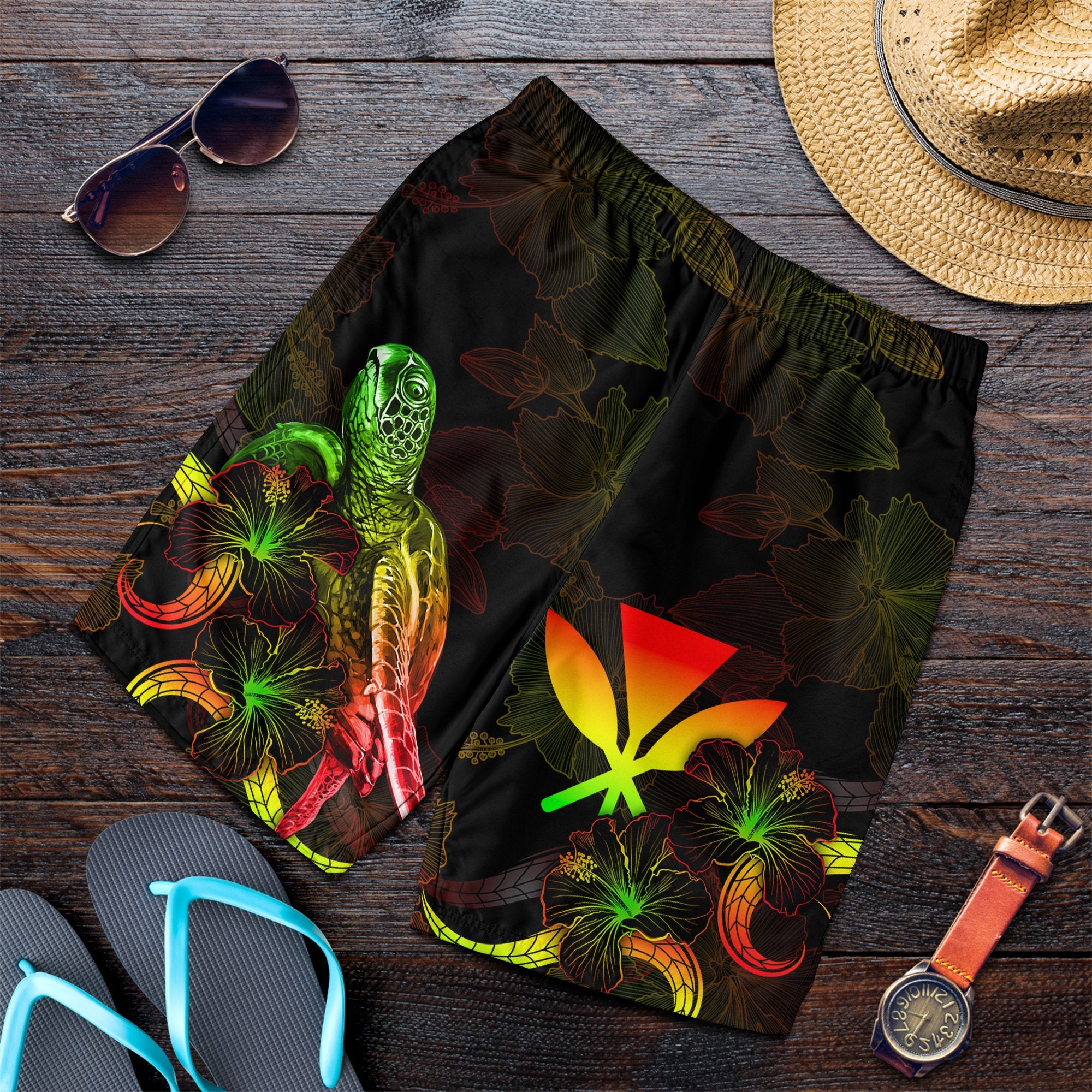 Hawaii Polynesian Men's Shorts - Turtle With Blooming Hibiscus Reggae Reggae - Polynesian Pride