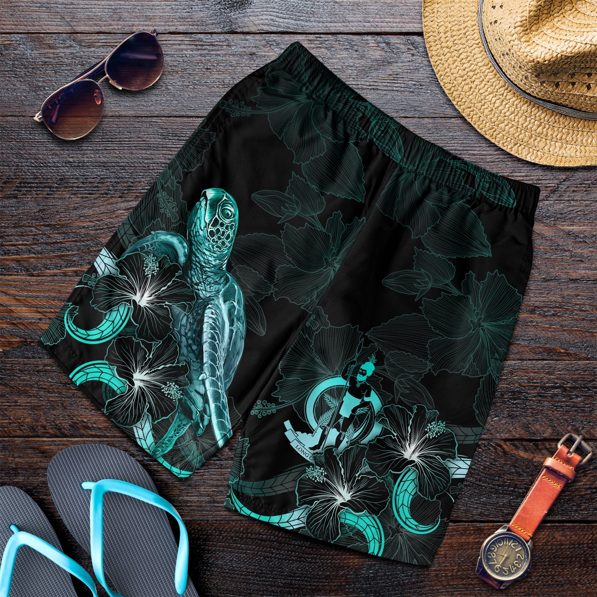 Vanuatu Polynesian Men's Shorts - Turtle With Blooming Hibiscus Turquoise Turquoise - Polynesian Pride