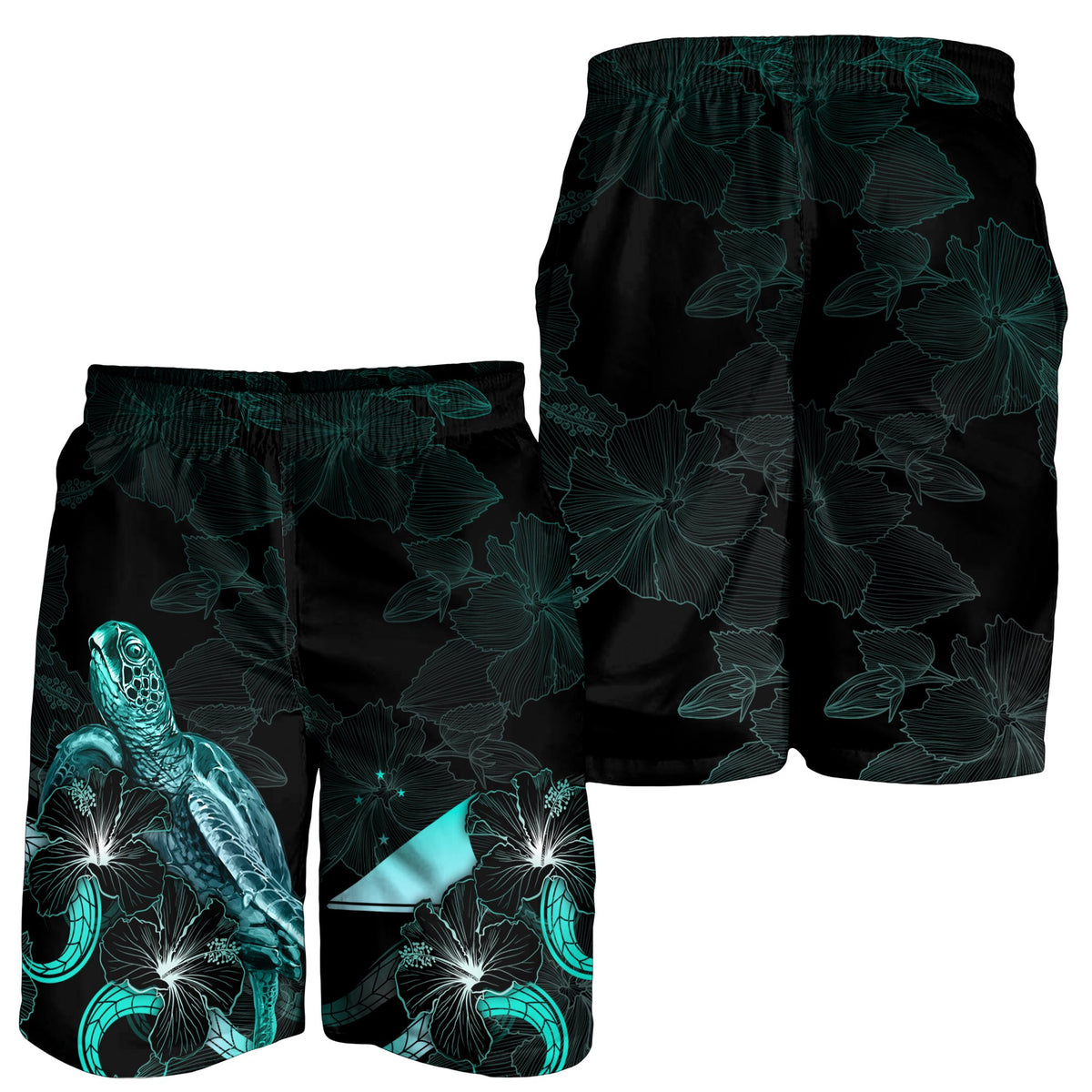 Tokelau Polynesian Men's Shorts - Turtle With Blooming Hibiscus Turquoise - Polynesian Pride