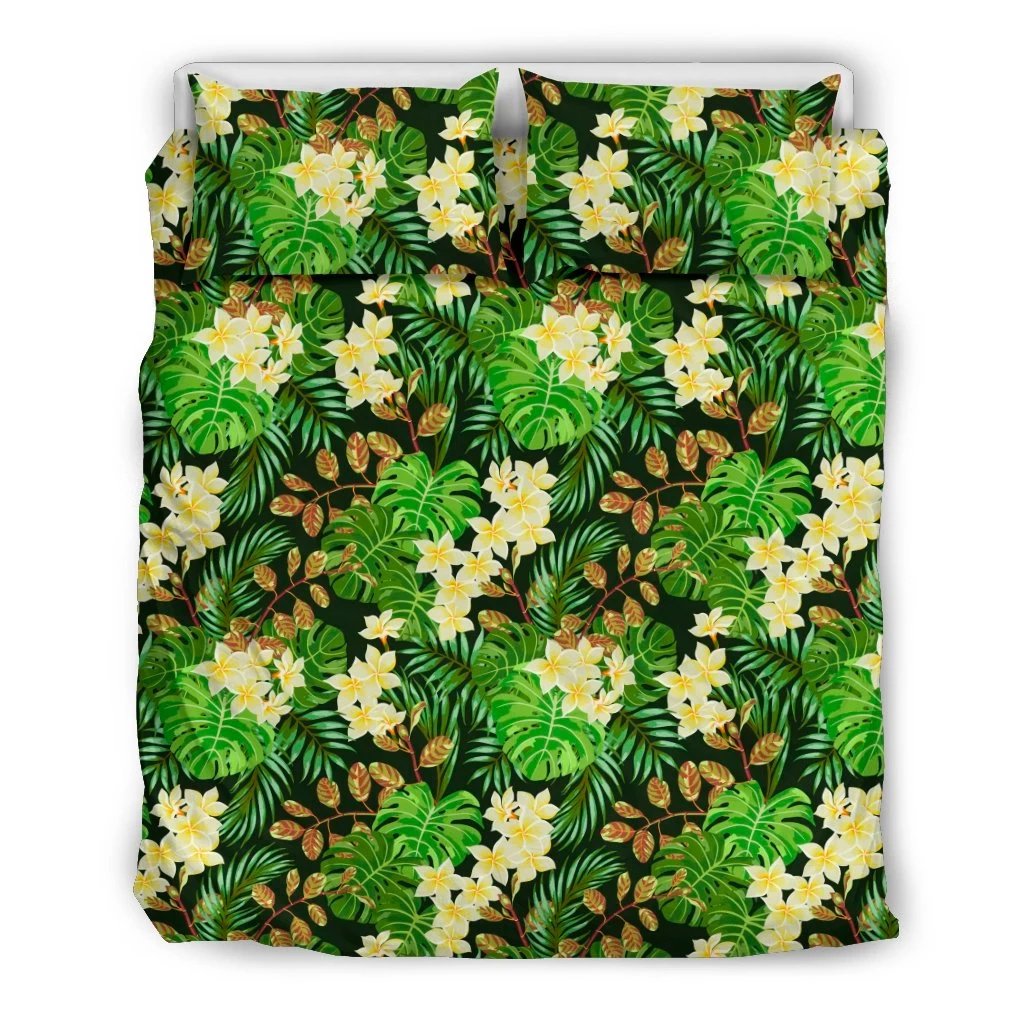 Hawaiian Tropical Leaves And Plumeria Polynesian Bedding Set Black - Polynesian Pride