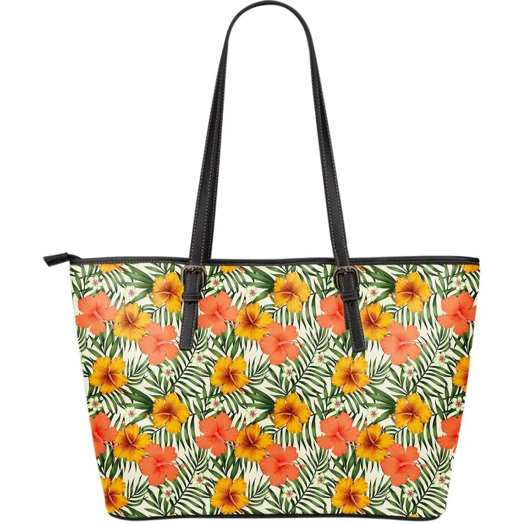 Hawaii Tropical Flowers Hibiscus Pink Yellow Large Leather Tote Red - Polynesian Pride