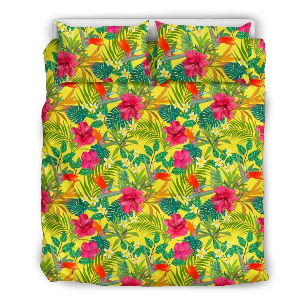 Hawaiian Tropical Leaves And Flowers Polynesian Bedding Set Black - Polynesian Pride