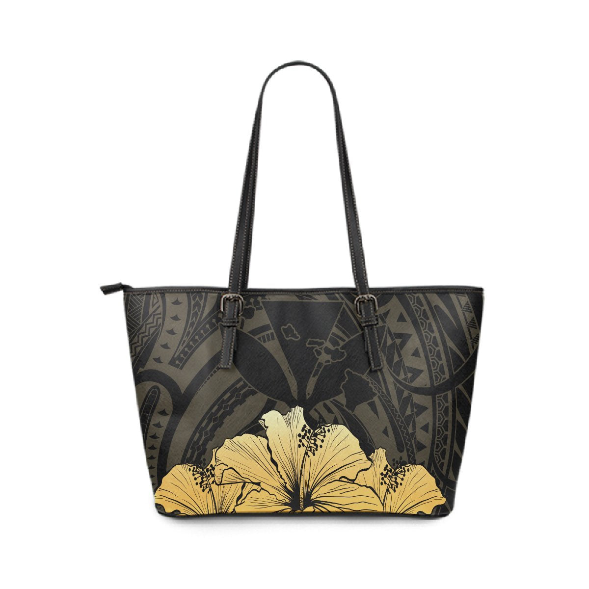 Personalised - Hawaii Royal Hibiscus Polynesian Tribal Small Leather Tote Bag Gold AH Gold - Polynesian Pride