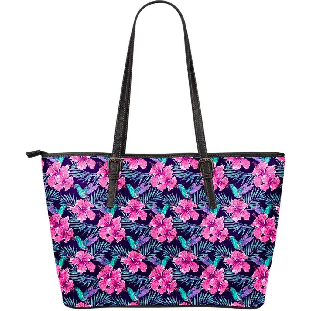 Hawaii Tropical Flowers With Hummingbirds Palm Leaves Large Leather Tote Pink - Polynesian Pride