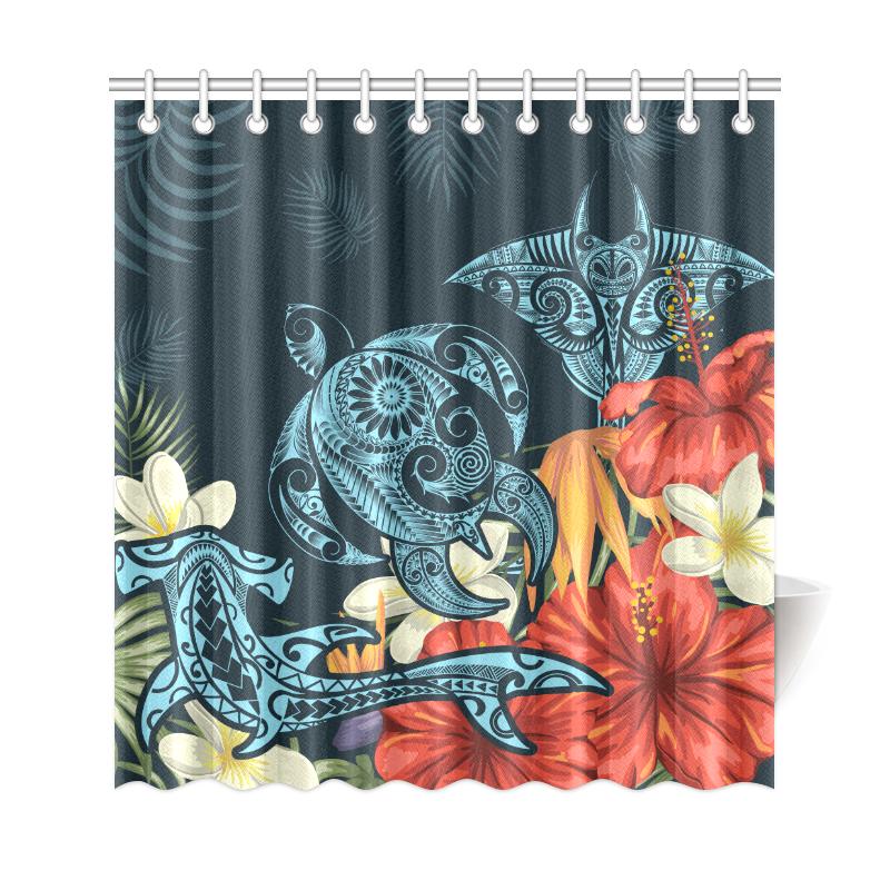 Hawaii Turtle Shark Manta Ray Hibiscus Plumeria Shower Curtain - Polynesian Pride