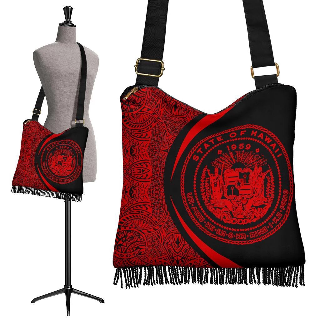 Hawaii Coat Of Arms Polynesian Crossbody Boho Handbag - Circle Style Red Crossbody Boho Handbag One Size Black - Polynesian Pride