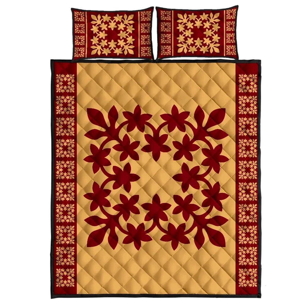 Hawaiian Quilt Pattern Wreath Quilt Bed Set Gold - Polynesian Pride