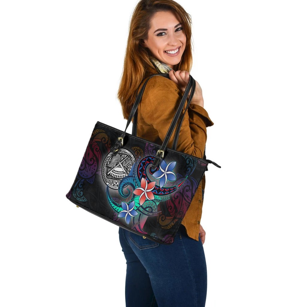 American Samoa Leather Tote - Plumeria Flowers Style - Polynesian Pride
