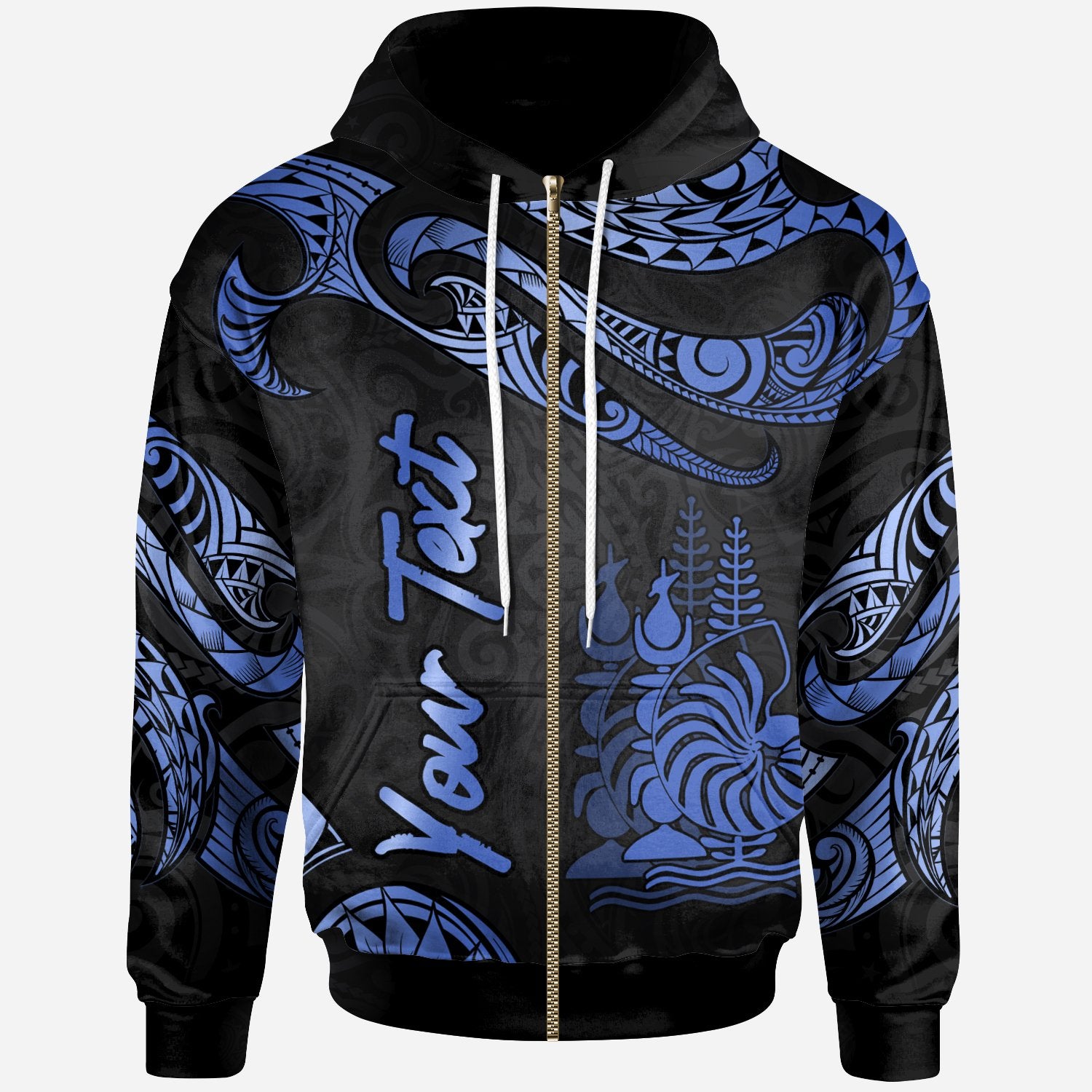 New Caledonia Polynesian Custom Zip Hoodie Polynesian Tattoo Blue Version Unisex Blue - Polynesian Pride