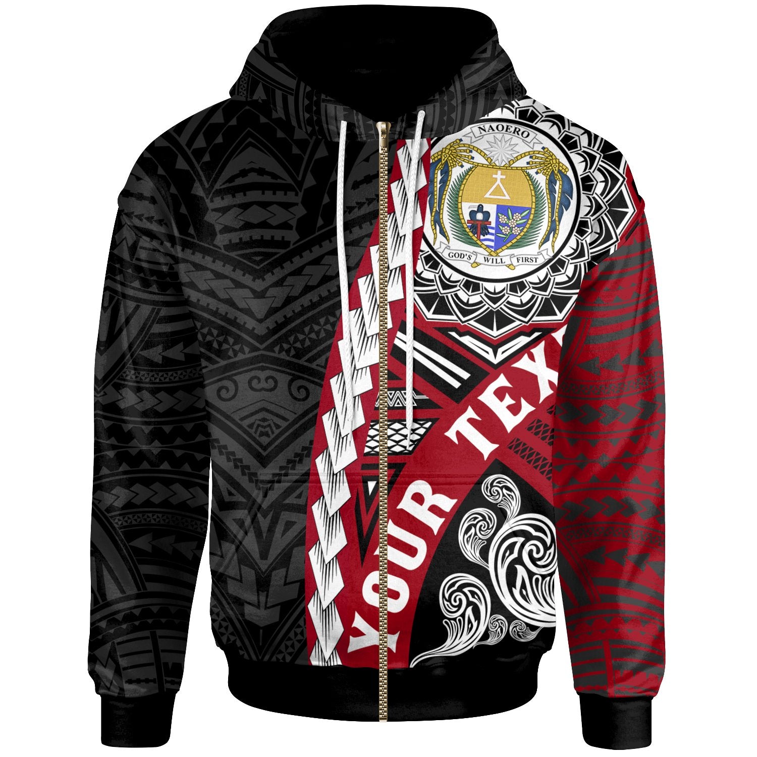 Nauru Polynesian Custom Zip up Hoodie Wave Tattoo Unisex Red - Polynesian Pride