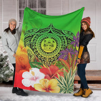Fiji Polynesian Premium Blanket - Manta Ray Tropical Flowers (Green) - Polynesian Pride
