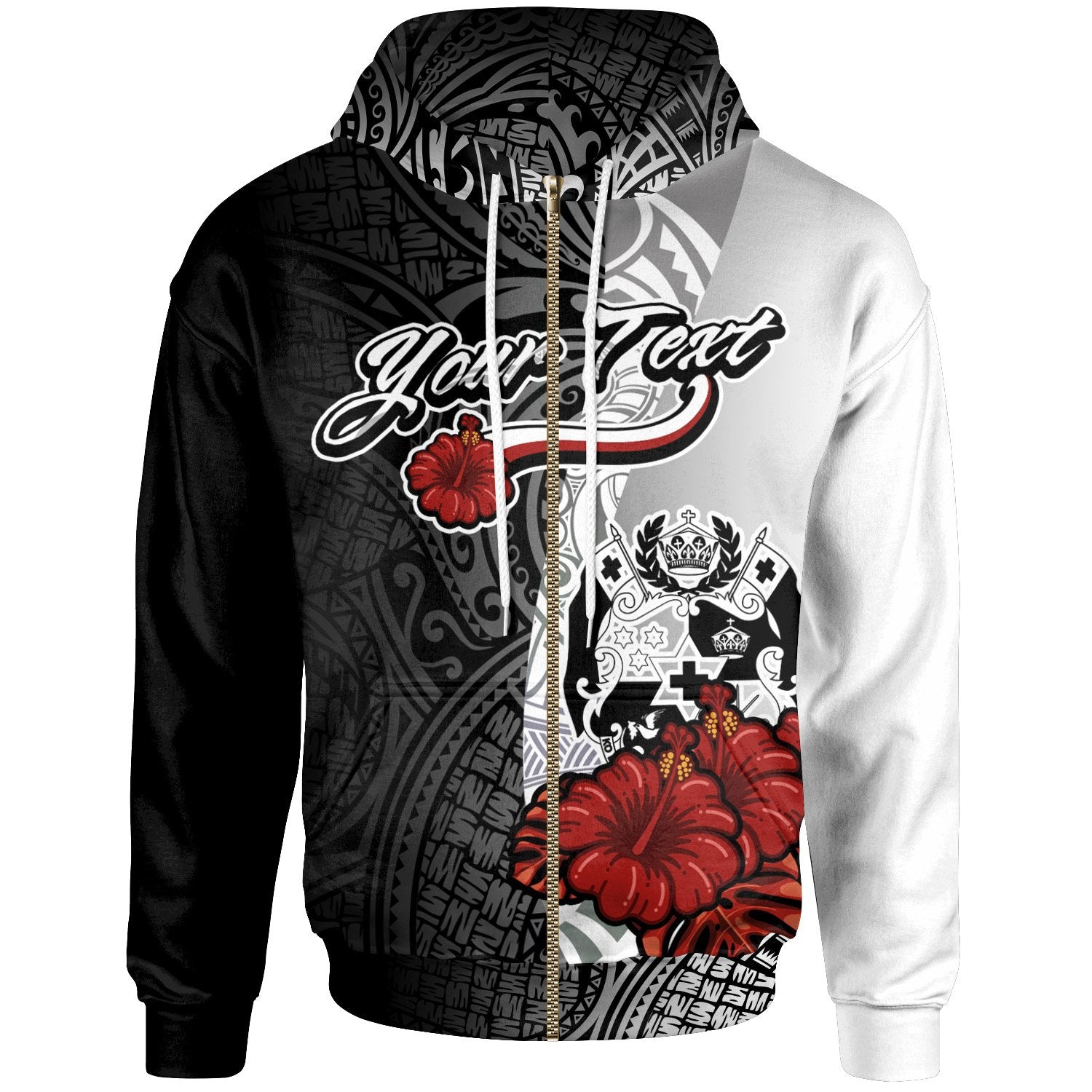 Tonga Polynesian Custom Zip up Hoodie Coat of Arm With Hibiscus White Unisex White - Polynesian Pride