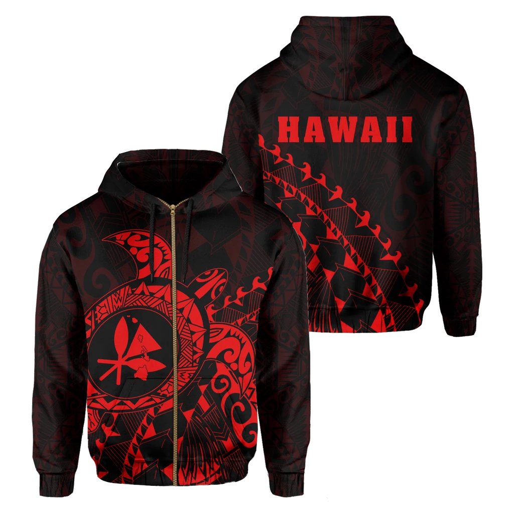 Kanaka Map Zipper Hoodie (Red) Turtle Style Unisex Red - Polynesian Pride