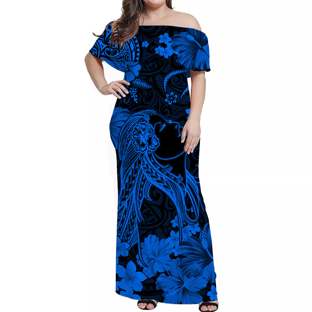 Hawaii Off Shoulder Long Dress Polynesia Blue Beautiful Hula Girl LT13 Women Blue - Polynesian Pride