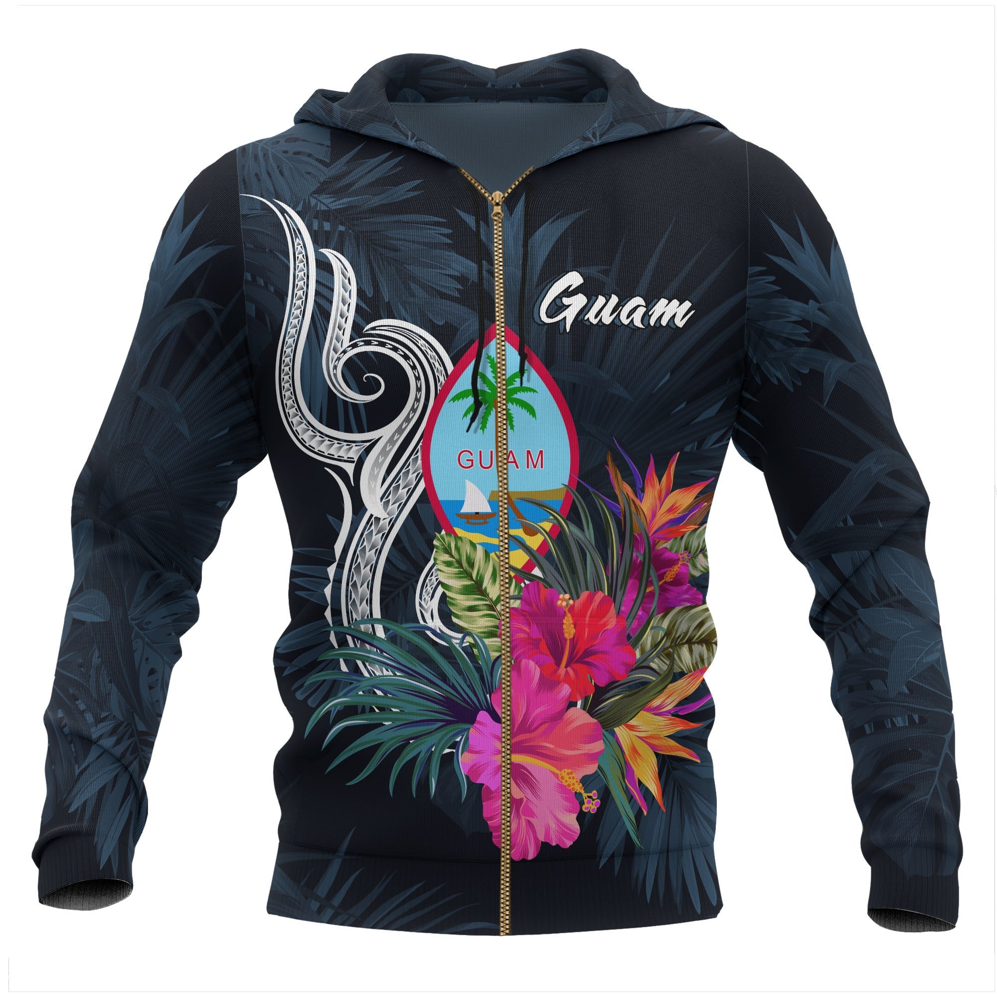 Guam Polynesian Zip up Hoodie Tropical Flower Unisex Blue - Polynesian Pride