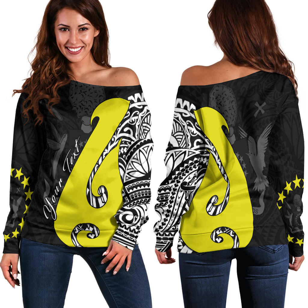 (Custom Personalised) Cook Islands Off Shoulder Sweater Matau Polynesian Simple Fish Hook LT13 Black - Polynesian Pride