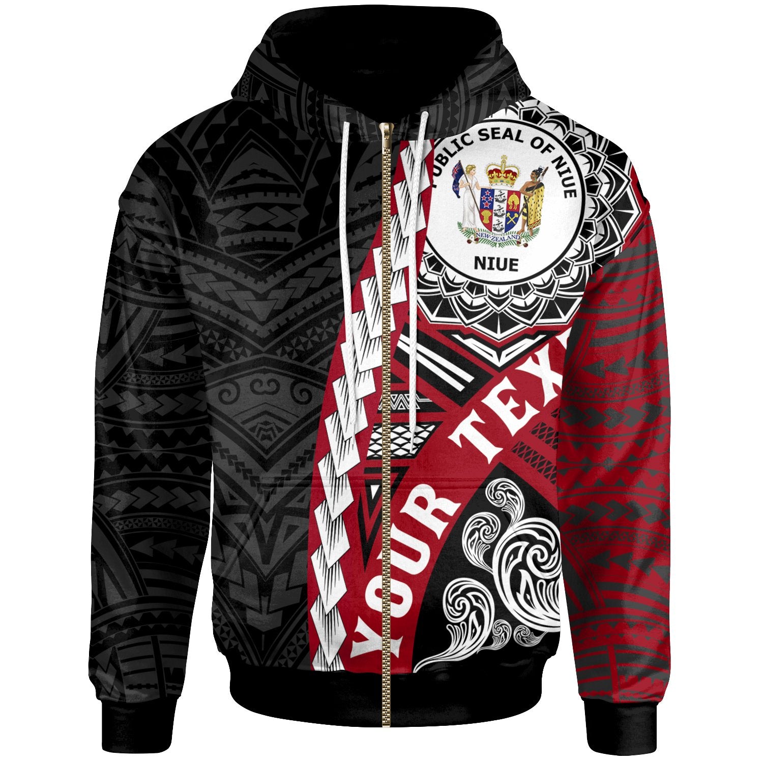 Niue Polynesian Custom Zip up Hoodie Wave Tattoo Unisex Black - Polynesian Pride