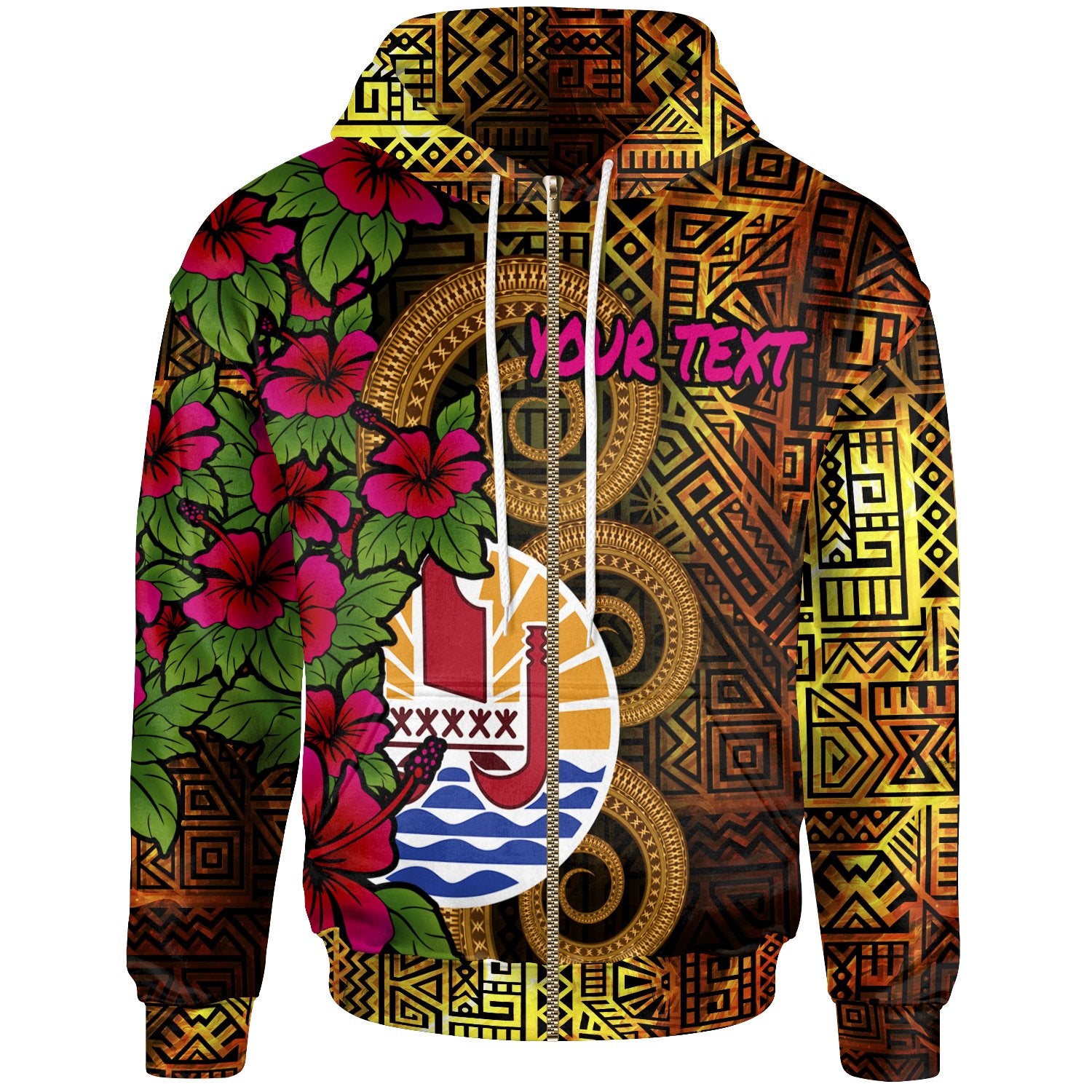 Tahiti Polynesian Custom Zip up Hoodie Hibiscus Vintage Unisex Orange - Polynesian Pride