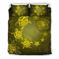 Hawaiian Plumeria Hibiscus Turtle Under The Sea Polynesian Bedding Set Yellow Yellow - Polynesian Pride