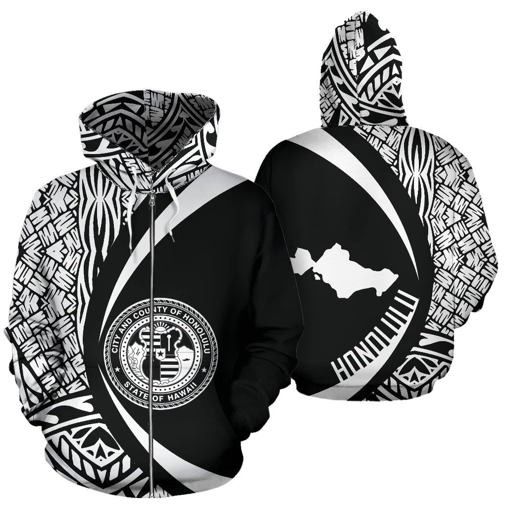 Honolulu Hawaii Polynesian Zip up Hoodie Circle Style Unisex White - Polynesian Pride