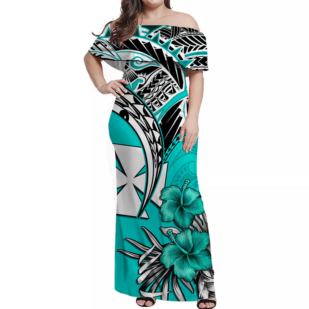 Wallis et Futuna Off Shoulder Long Dress Polynesian Pattern and Hibiscus Flowers Version Green LT13 Long Dress Green - Polynesian Pride