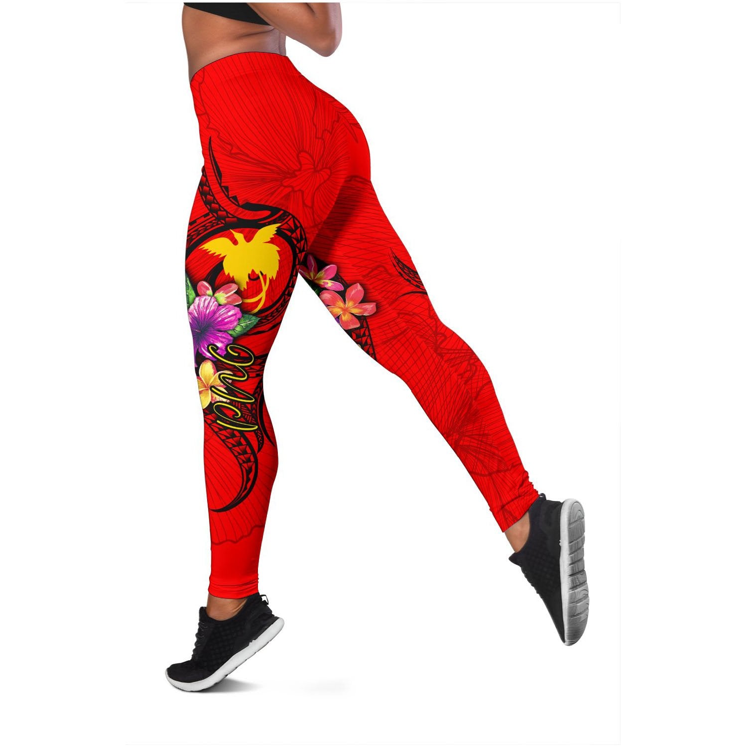 Papua New Guinea Polynesian Women's Leggings - Floral With Seal Red Red - Polynesian Pride