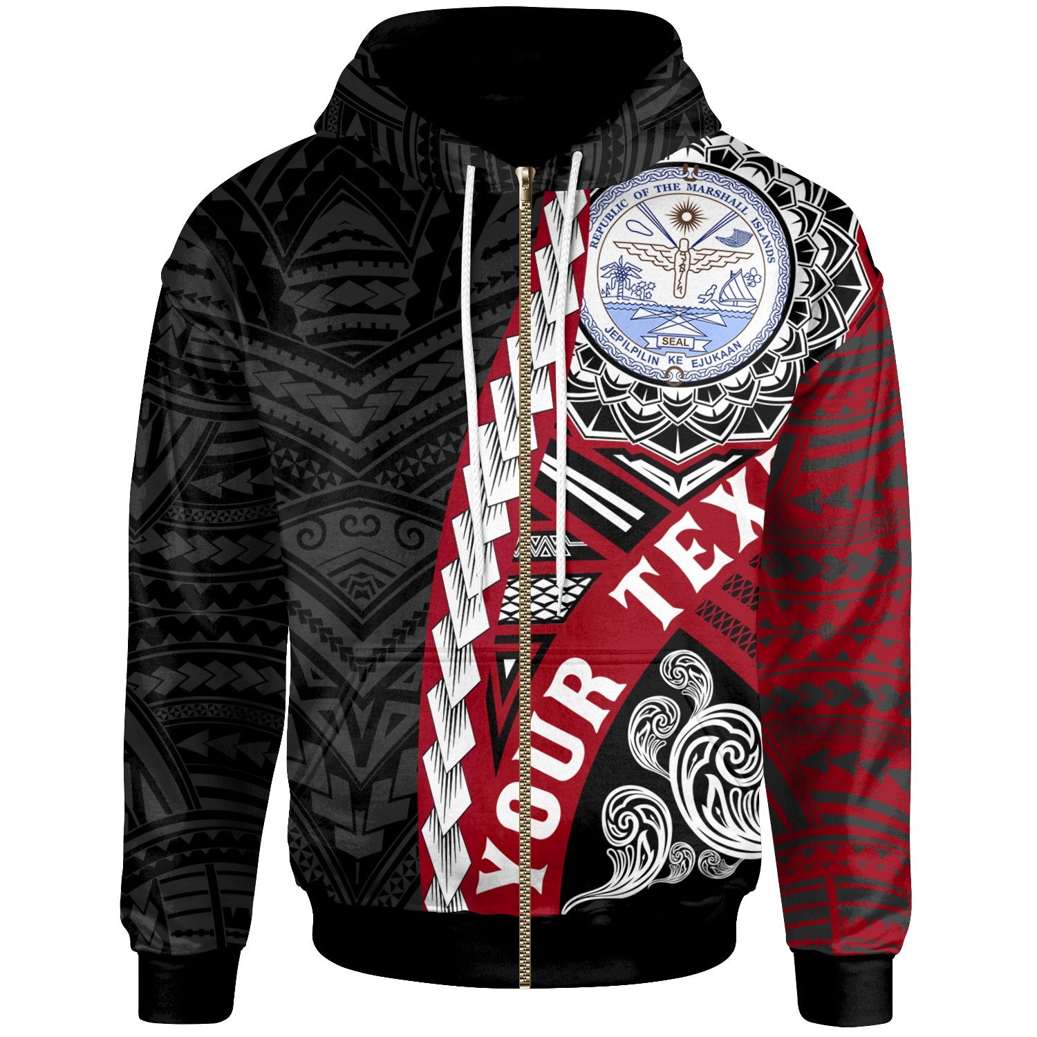 Marshall Islands Polynesian Custom Zip up Hoodie Wave Tattoo Unisex Red - Polynesian Pride