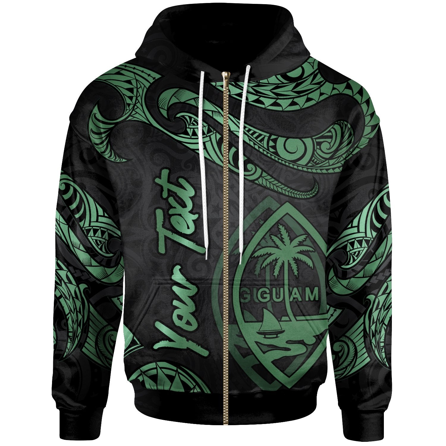 Guam Polynesian Custom Zip Hoodie Polynesian Tattoo Green Version Unisex Green - Polynesian Pride