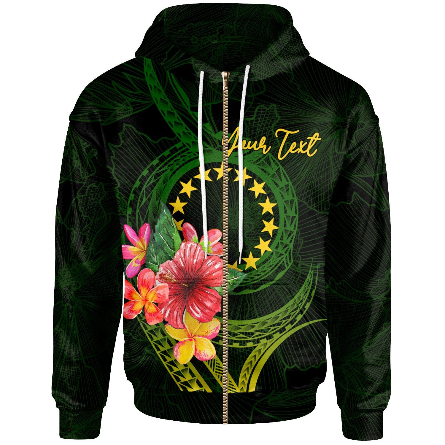 Cook Islands Polynesian Custom Zip Hoodie Floral With Seal Flag Color Unisex Green - Polynesian Pride