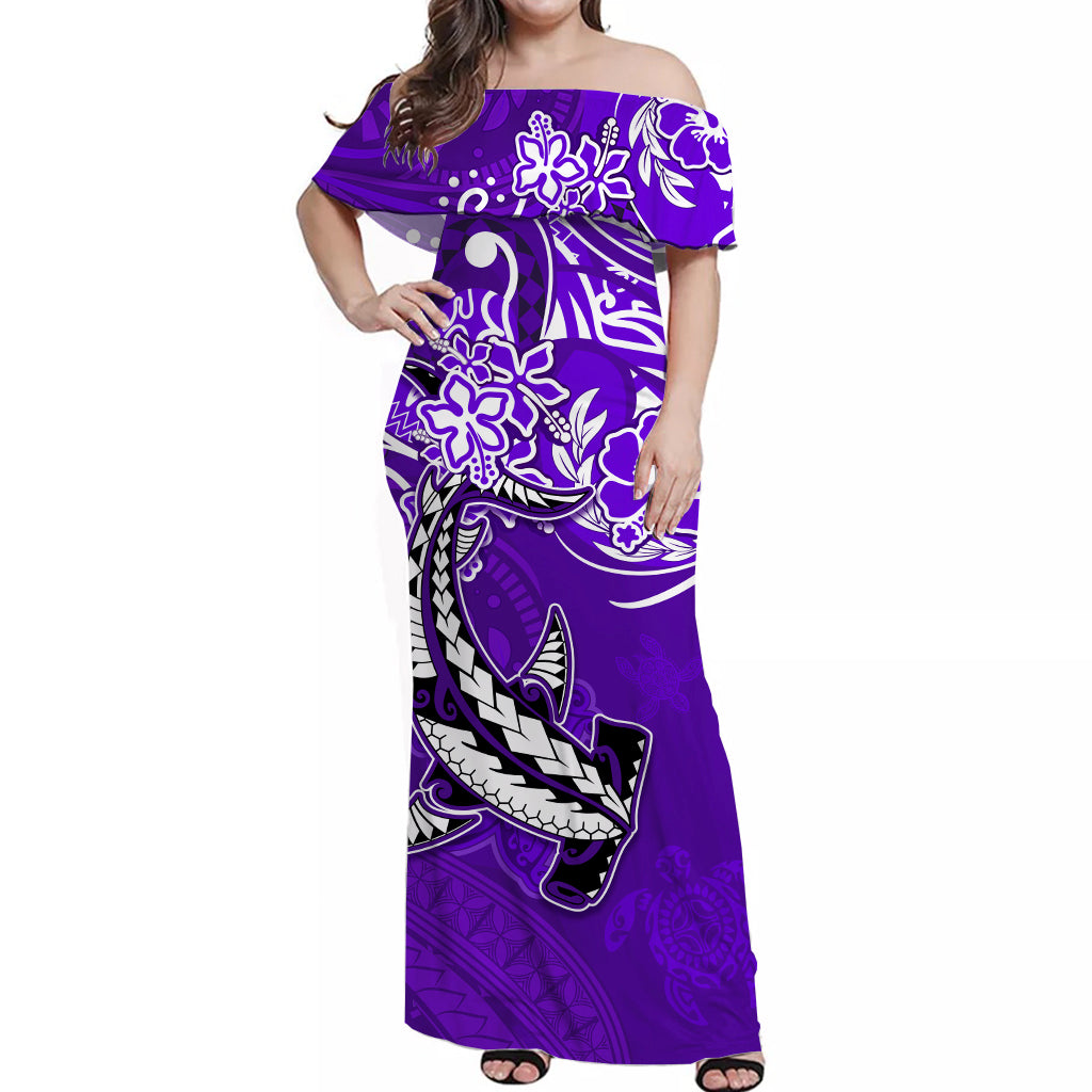 (Custom Personalised) Hawaii Off Shoulder Long Dress Polynesia Purple Sea Turtle Honu and Hammerhead Shark LT13 Women Purple - Polynesian Pride