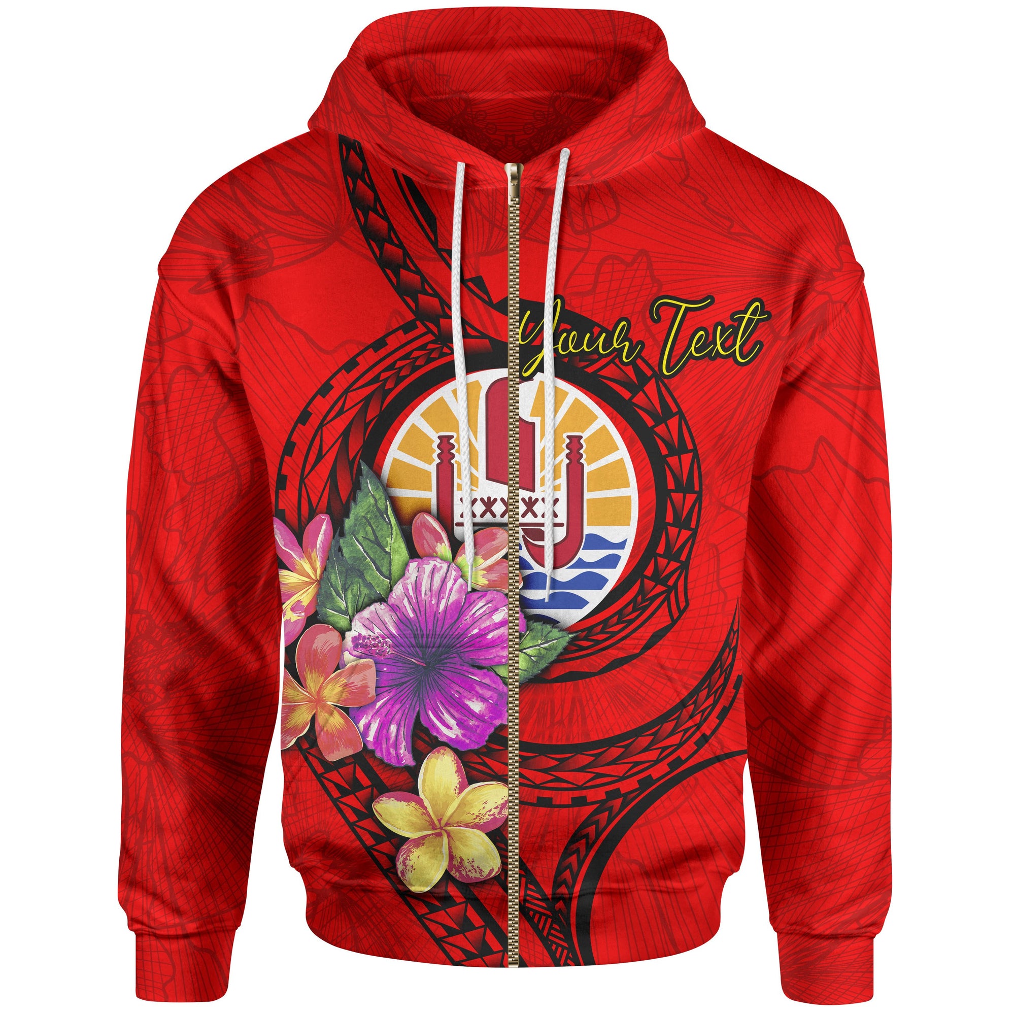 Tahiti Polynesian Custom Zip up Hoodie Floral With Seal Red Unisex Red - Polynesian Pride