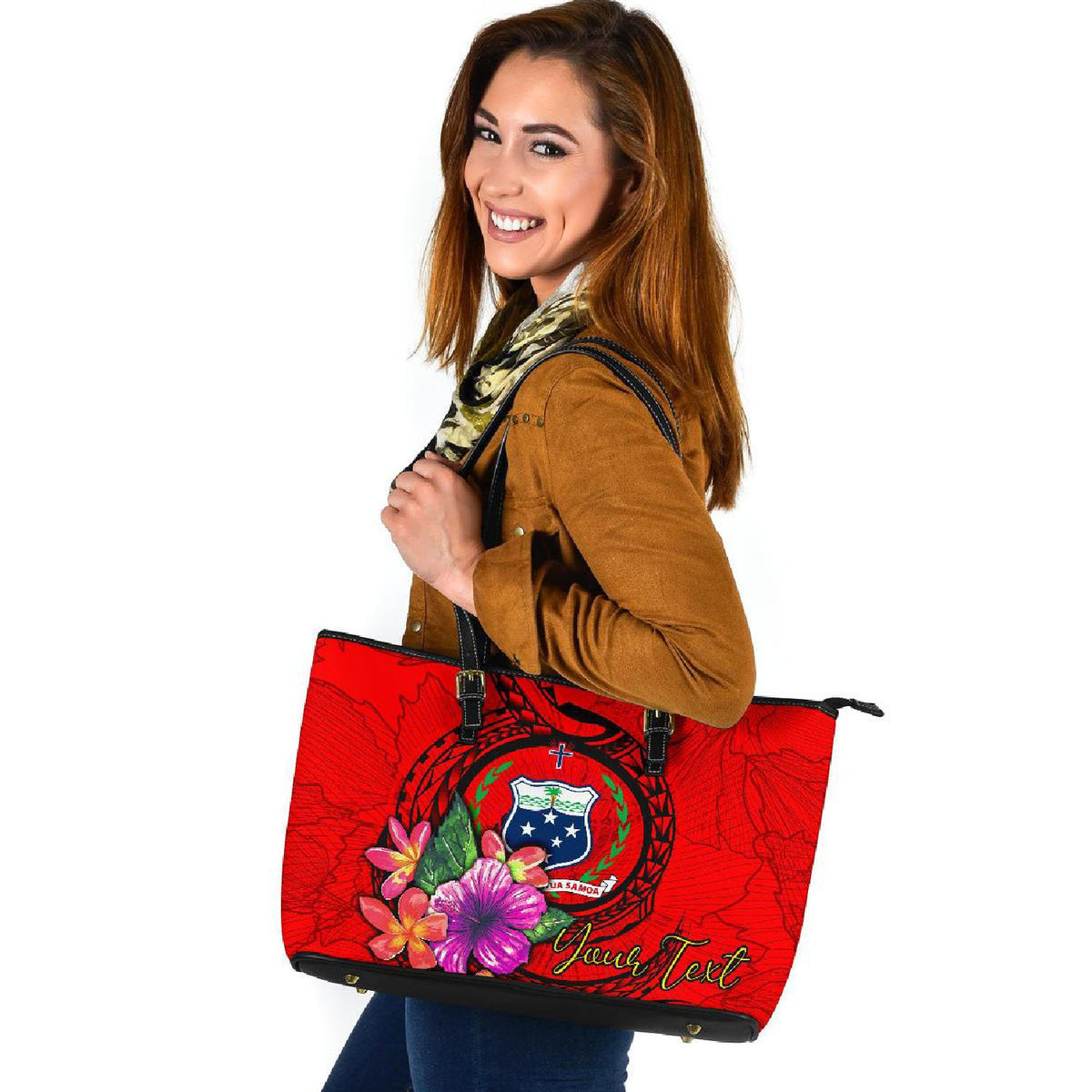 Samoa Polynesian Custom Personalised Large Leather Totes - Floral With Seal Red - Polynesian Pride