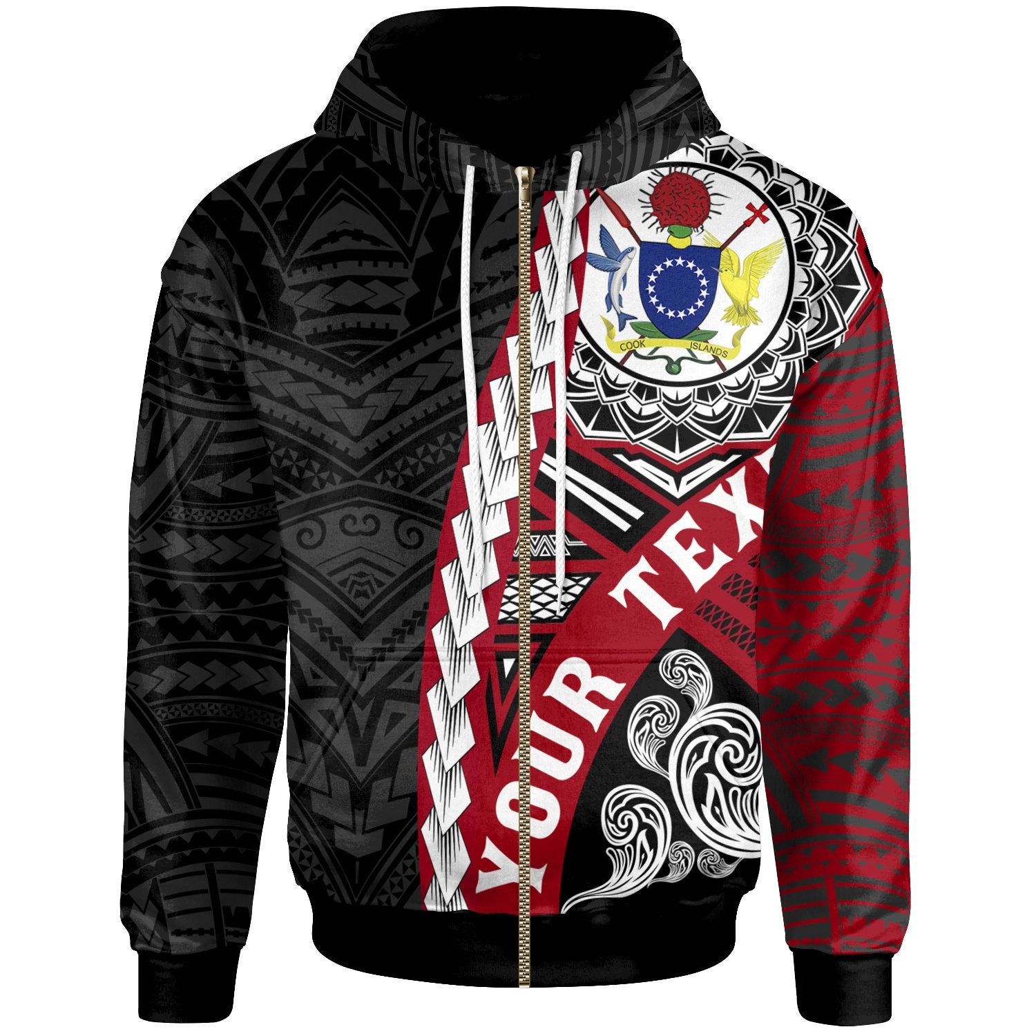 Cook Islands Polynesian Custom Zip up Hoodie Wave Tattoo Unisex Red - Polynesian Pride