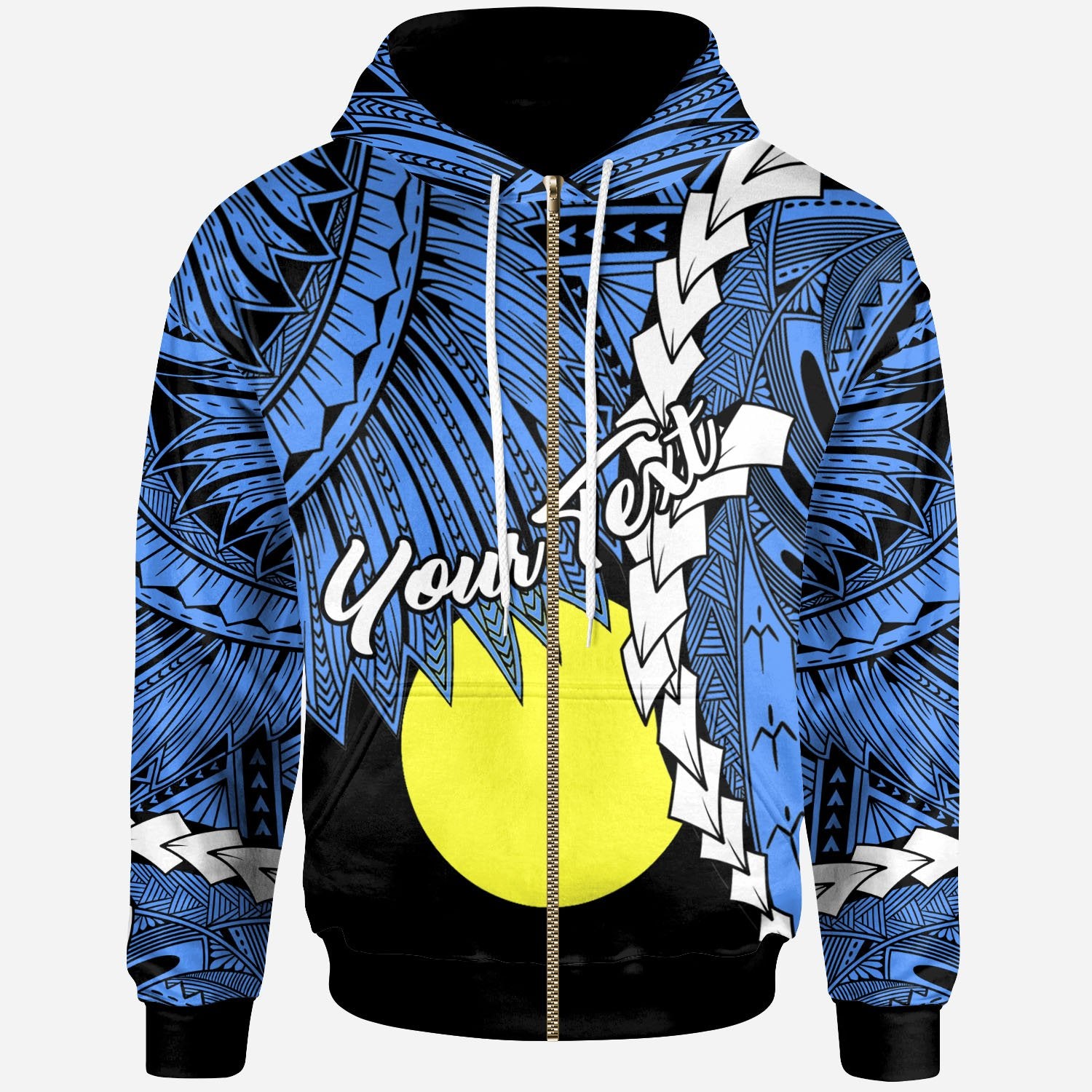 Palau Polynesian Custom Zip up Hoodie Tribal Wave Tattoo Flag Style Unisex Blue - Polynesian Pride