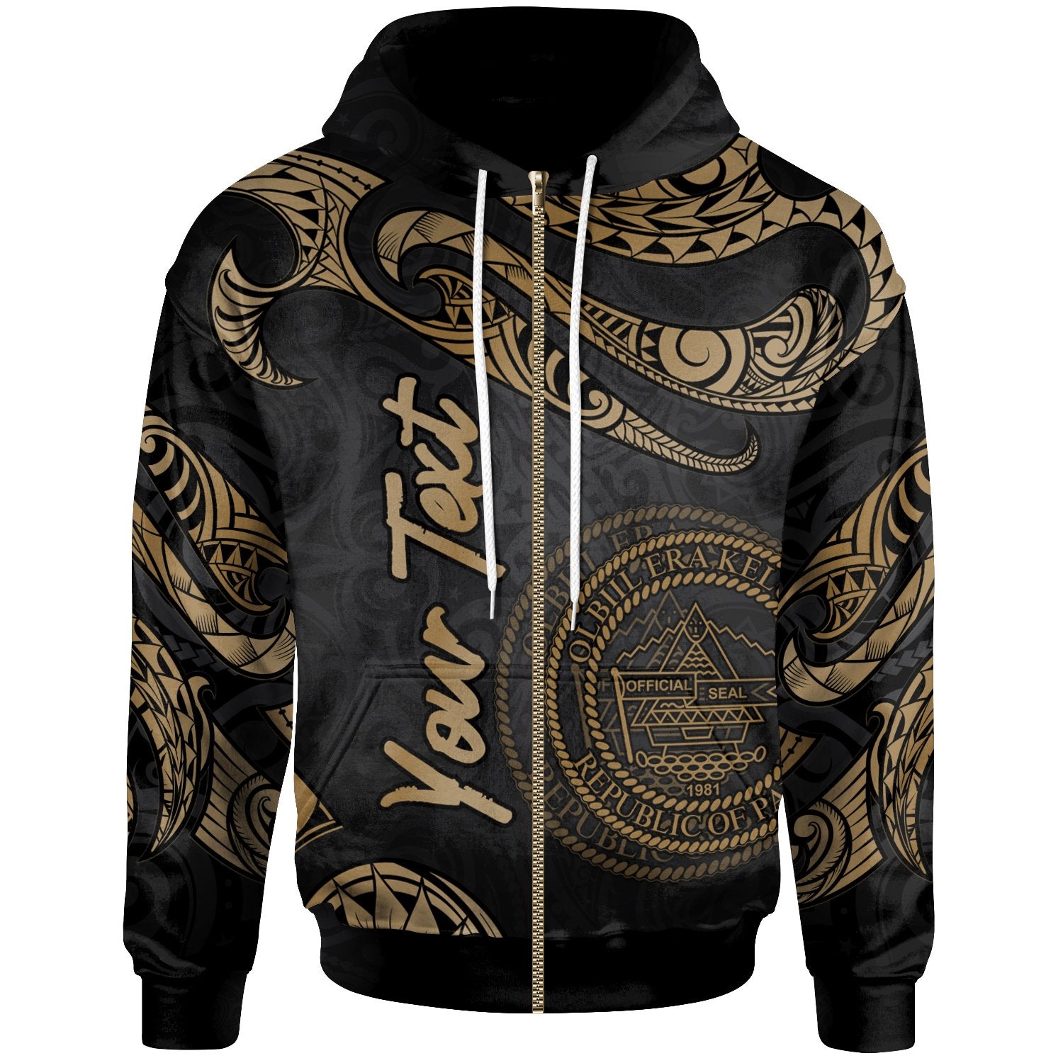 Palau Polynesian Custom Zip Hoodie Polynesian Tattoo Gold Version Unisex Gold - Polynesian Pride