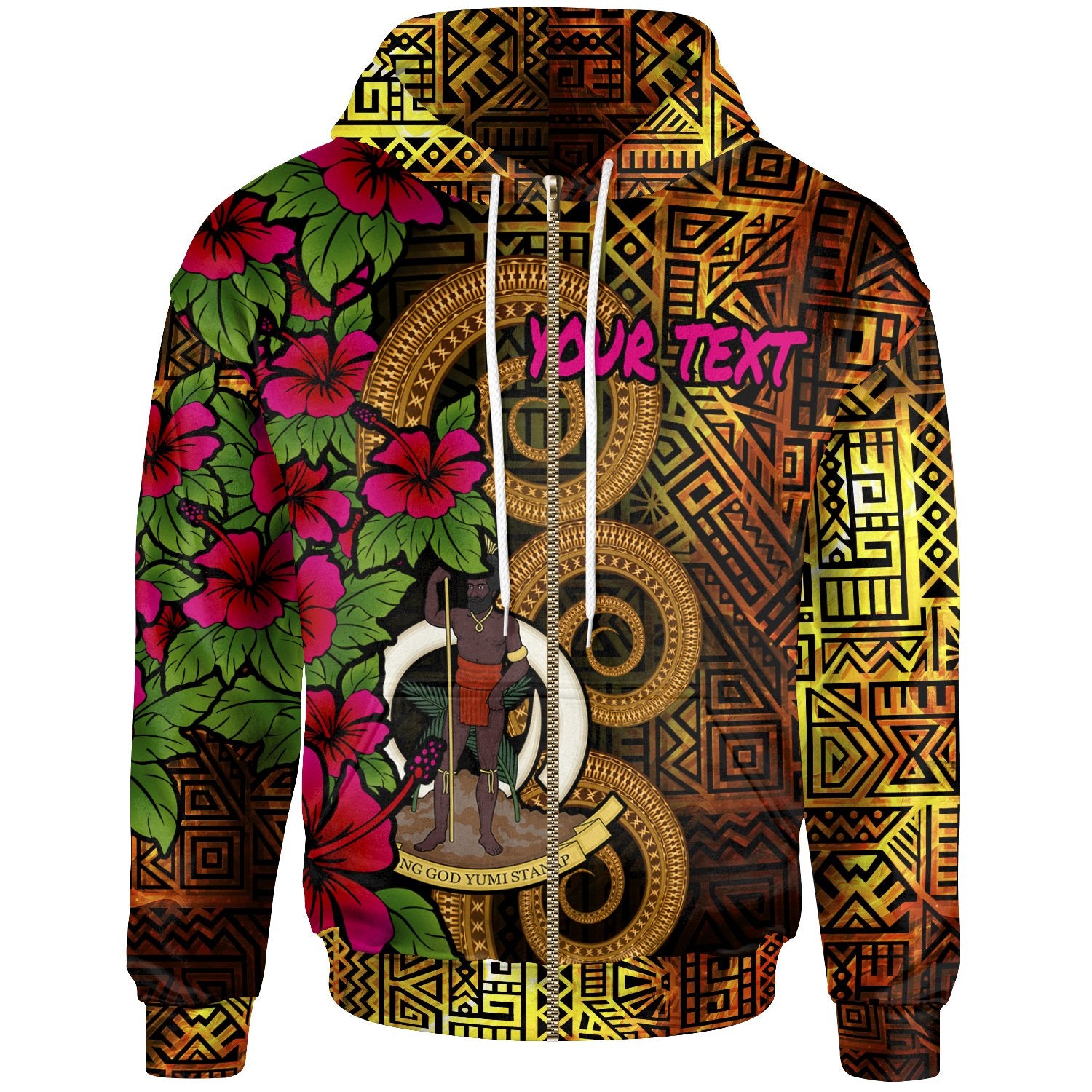 Vanuatu Polynesian Custom Zip up Hoodie Hibiscus Vintage Unisex Orange - Polynesian Pride