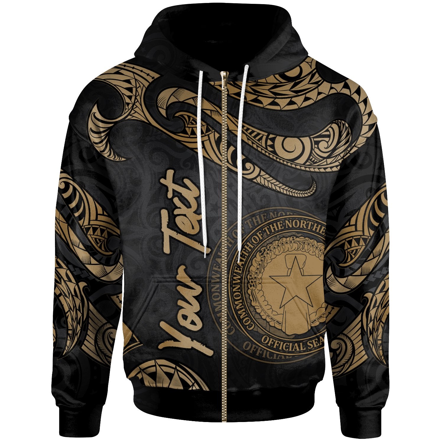 Northern Mariana Islands Polynesian Custom Zip Hoodie Polynesian Tattoo Gold Version Unisex Gold - Polynesian Pride