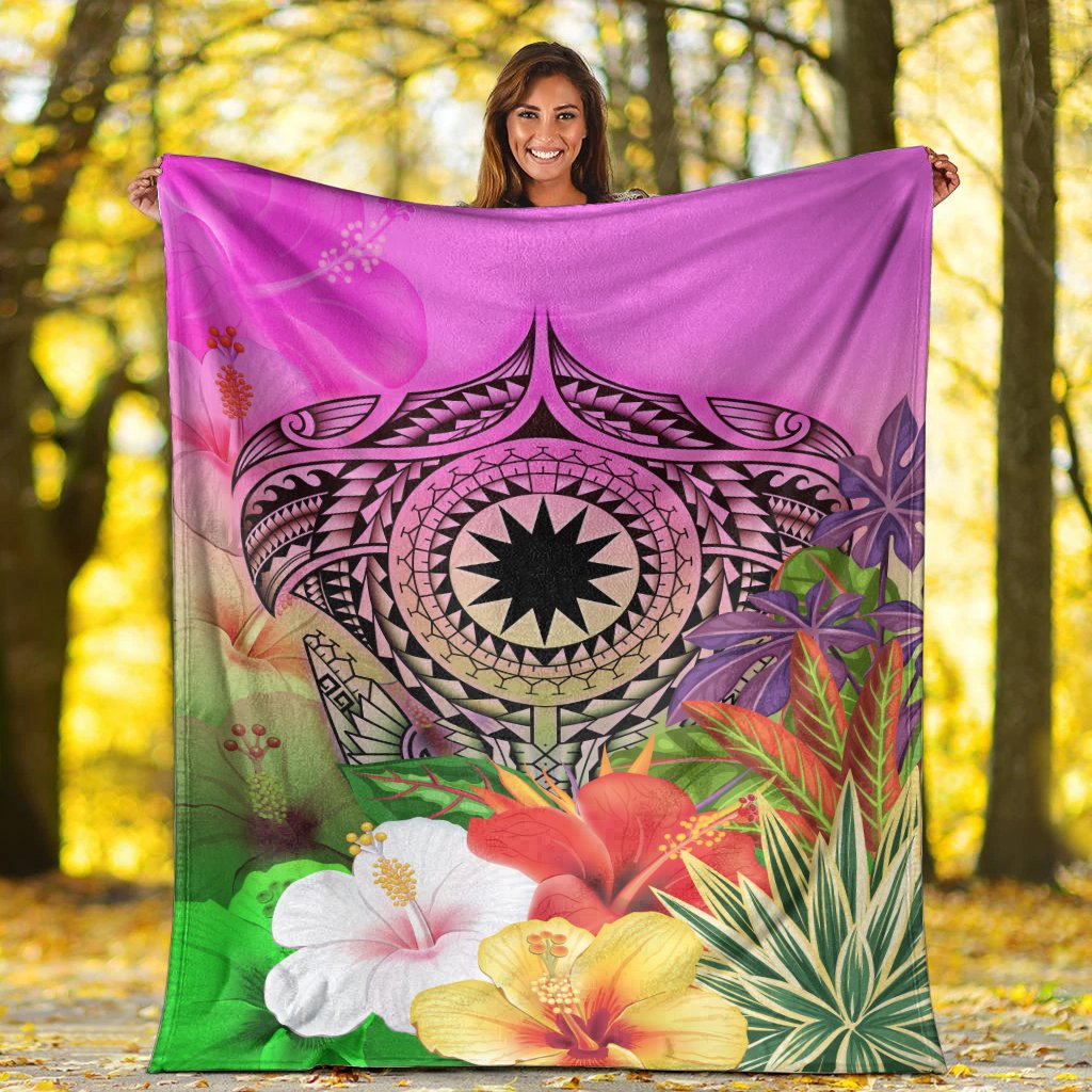 Nauru Polynesian Premium Blanket - Manta Ray Tropical Flowers - Polynesian Pride