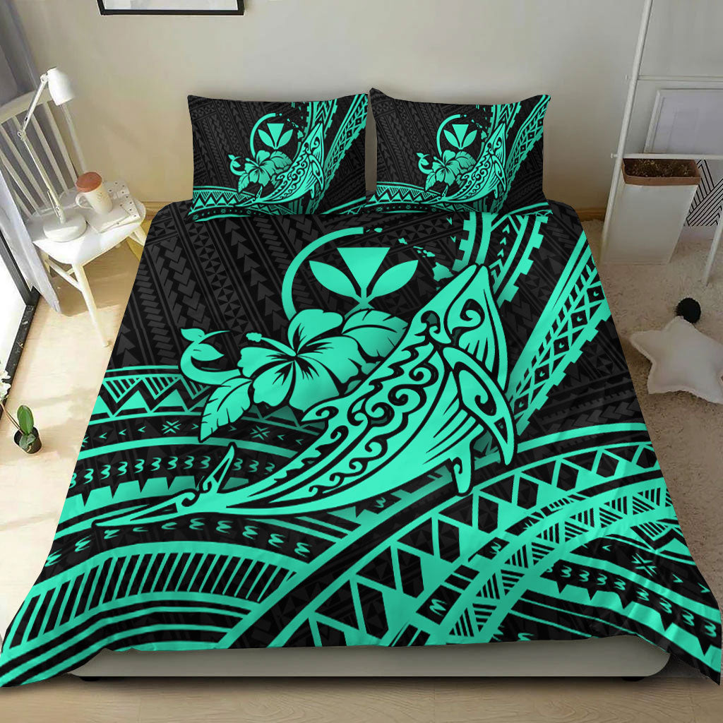 Hawaii Humpback Whale With Hibiscus Tribal Turquoise Bedding Set - LT12 - Polynesian Pride