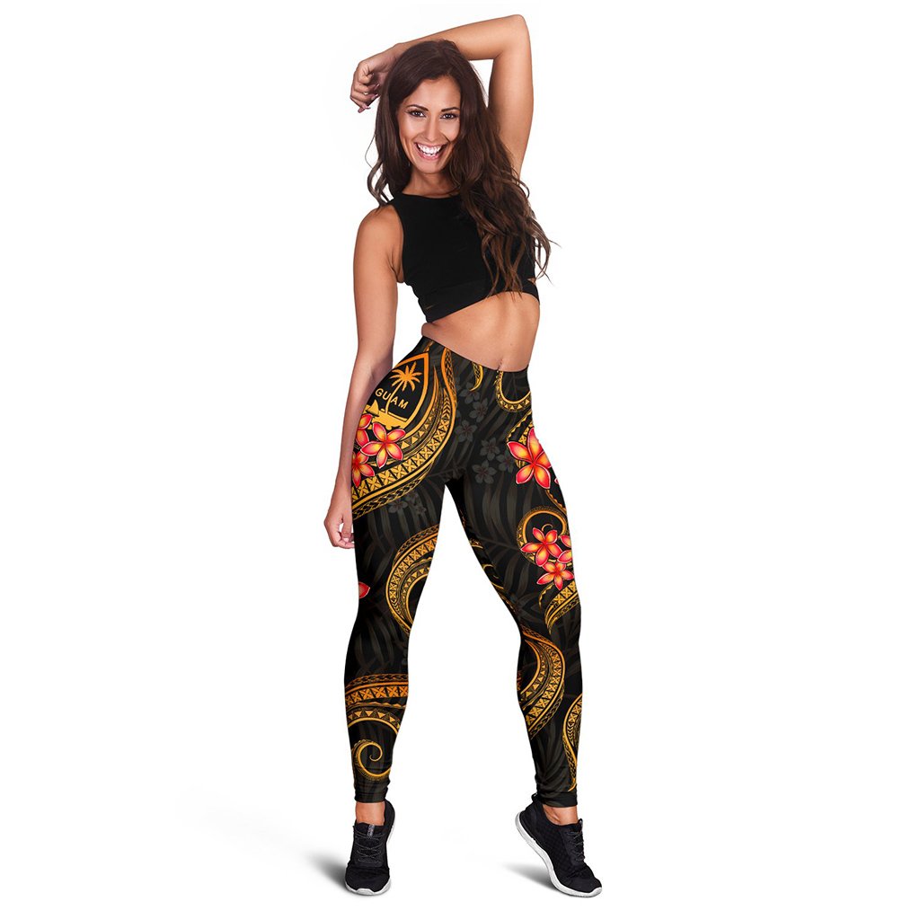 Guam Polynesian Women Legging - Gold Plumeria Black - Polynesian Pride