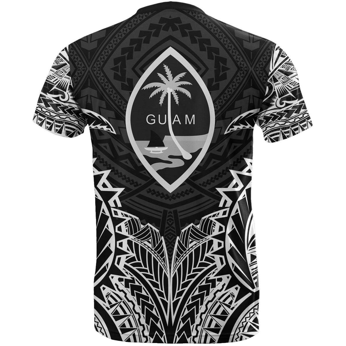 Guam T Shirt Guam Coat of Arms Polynesian Tattoo White Black - Polynesian Pride
