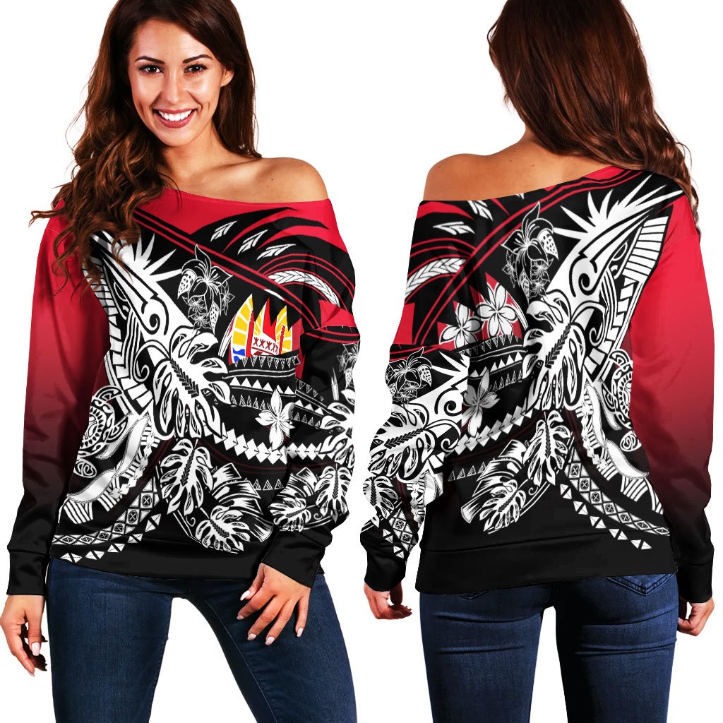 Tahiti Women's Off Shoulder Sweater - Tribal Jungle Pattern Red Color Red - Polynesian Pride