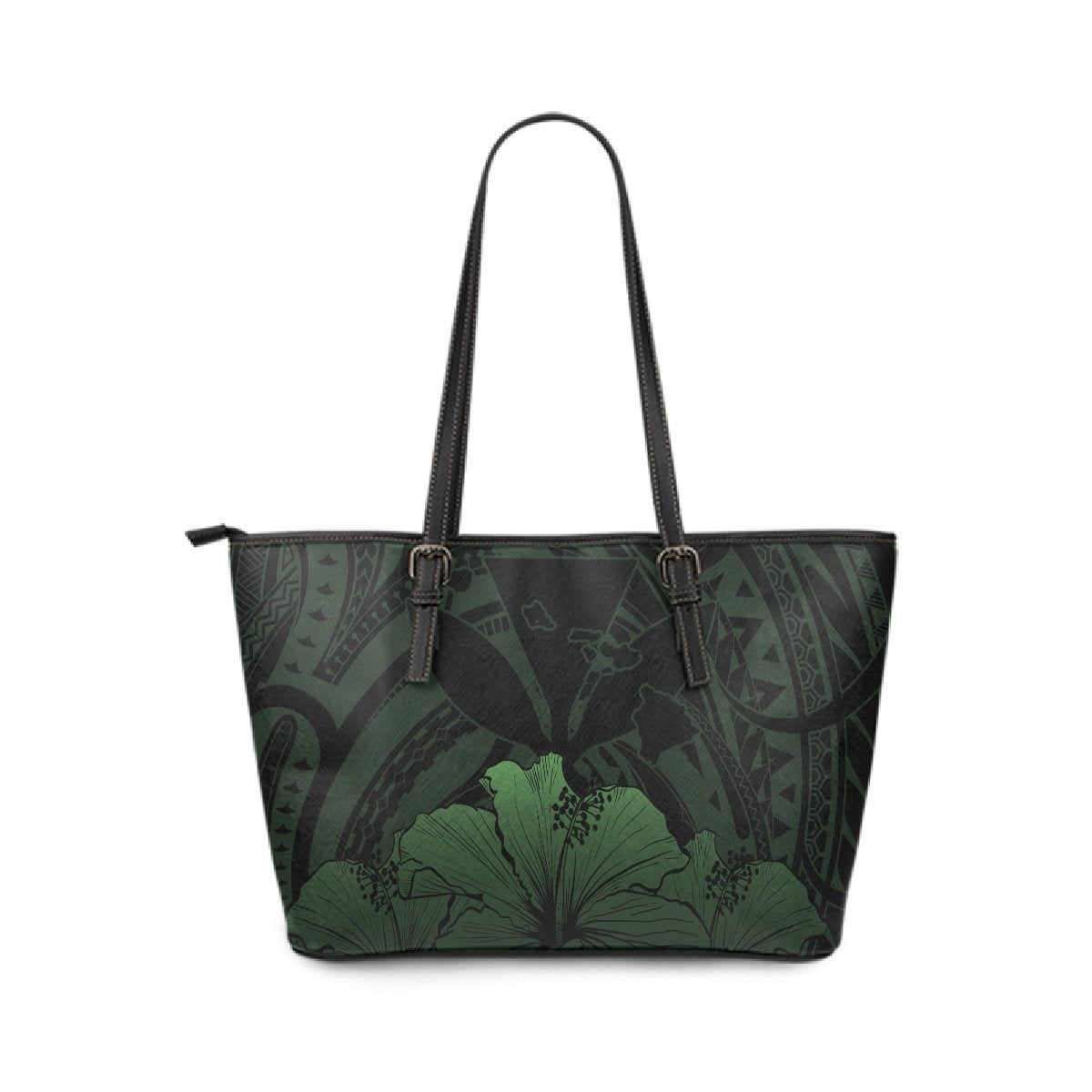 Personalised - Hawaii Royal Hibiscus Polynesian Tribal Small Leather Tote Bag Green AH Green - Polynesian Pride